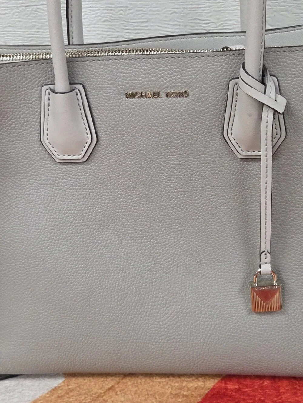 Michael Kors Light Gray Pebbled Leather Satchel with Shoulder Strap